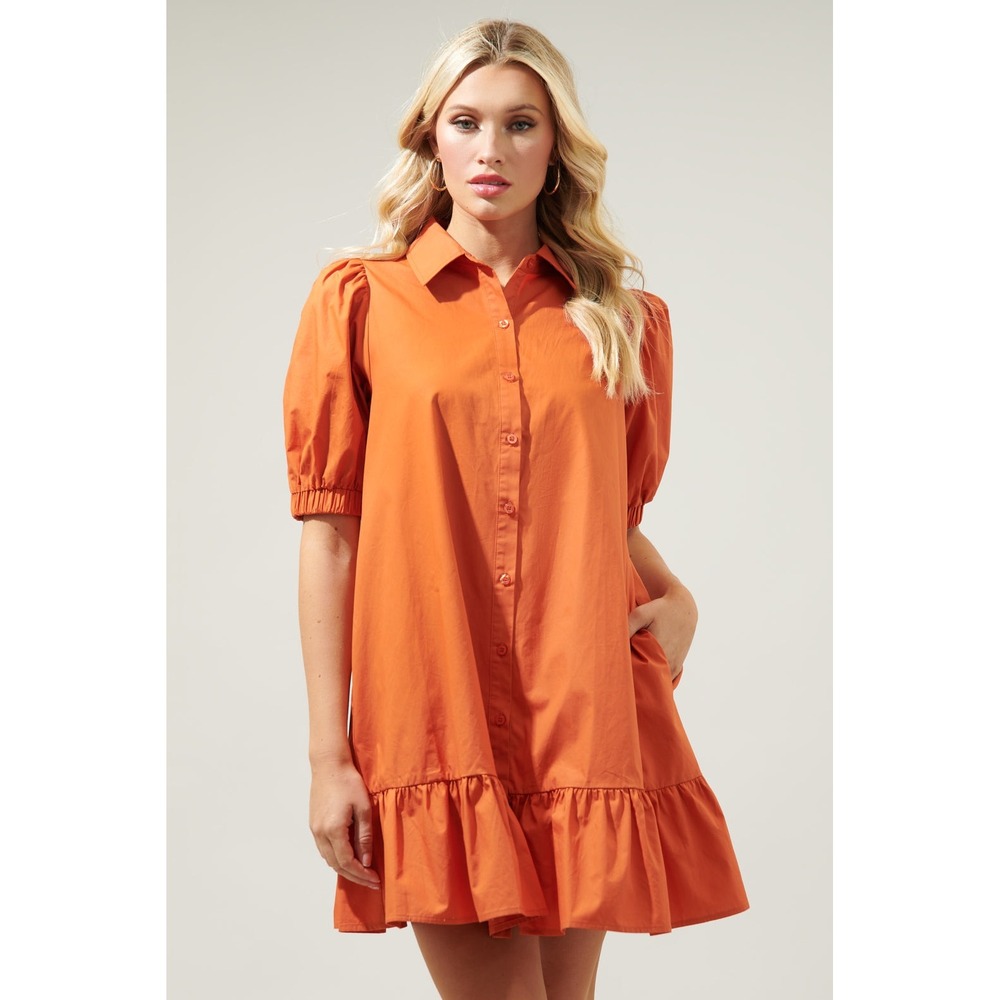 Sugarlips Levy Button Down Shift Dress Women Orange Puff Sleeve Ruffle Mini S